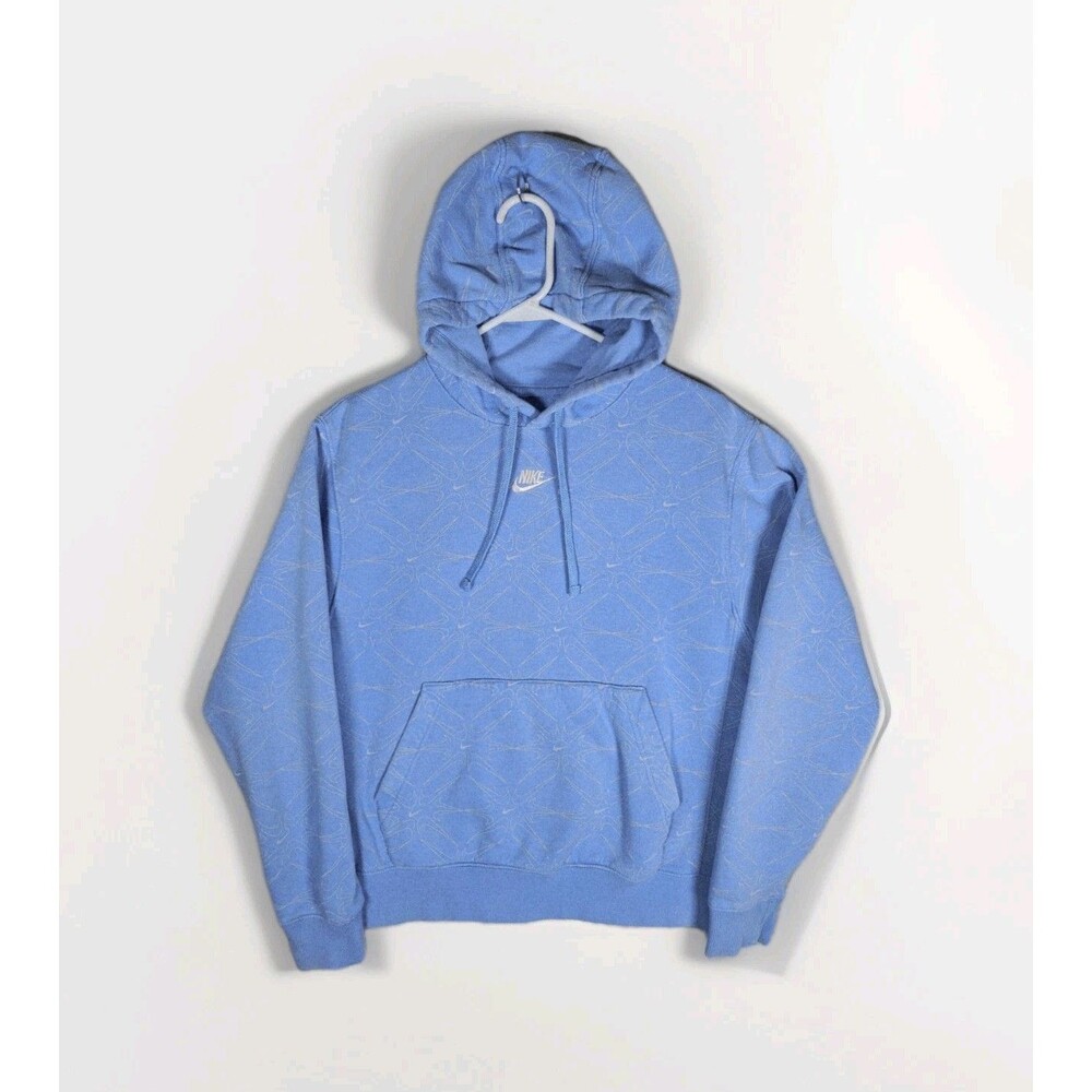 Nike Center Swoosh AOP Logo Hoodie Light Blue Fleece Pullover Men's Small